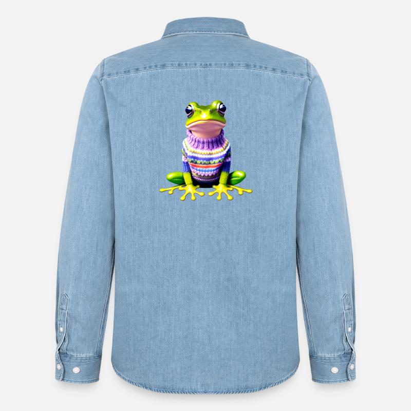 Kleiner Regenbogenfrosch mit Norweger-Pullover - Männer Jeanshemd Organic von Stanley/Stella - verwaschenes Hellblau