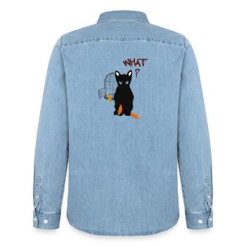 Petit chaton mignon noir et oiseau - Chemise en denim homme bio Stanley/Stella - bleu clair délavé - Dos - AI Model Male 185 light (185cm)