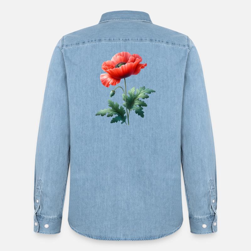 Mohnblumenmotiv: Eine leuchtend rote Mohnblume - Männer Jeanshemd Organic von Stanley/Stella - verwaschenes Hellblau