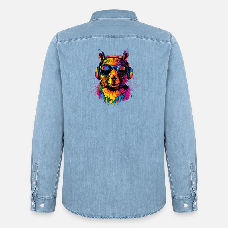 Eichhörnchen Kopfhörer Bunt Popart DJ Eichhörnchen - Männer Jeanshemd Organic von Stanley/Stella - verwaschenes Hellblau