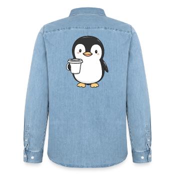 Cute Penguin Holding Coffee Cup - Adorable Design - Men’s Organic Denim Shirt by Stanley/Stella - light wash - Back - AI Model Male 185 light (185cm)