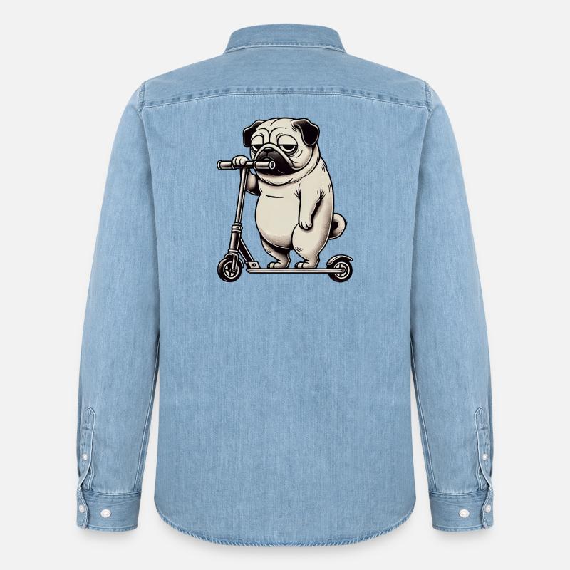 Lustiger Mops Roller Scooter Kickroller Grumpy - Männer Jeanshemd Organic von Stanley/Stella - verwaschenes Hellblau