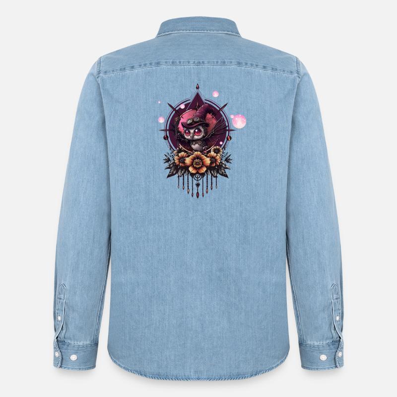 Die Steampunk-Eule: Hüter der Geheimnisse. - Männer Jeanshemd Organic von Stanley/Stella - verwaschenes Hellblau