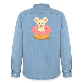 Mouse sitting in a pink cupcake with sprinkles - Men’s Organic Denim Shirt by Stanley/Stella - light wash - Back - AI Model Male 185 light (185cm)