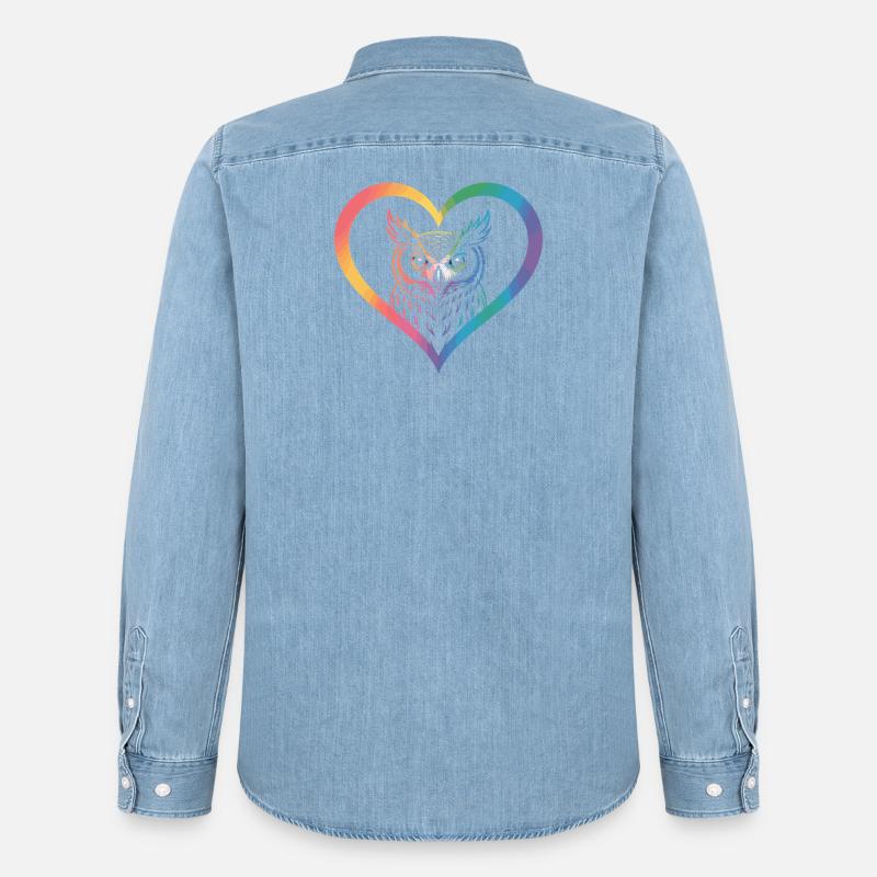 Regenbogen Eulen Herz Design - Männer Jeanshemd Organic von Stanley/Stella - verwaschenes Hellblau