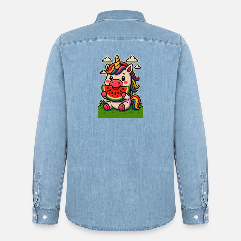 Regenbogen-Einhorn isst Wassermelone - Männer Jeanshemd Organic von Stanley/Stella - verwaschenes Hellblau