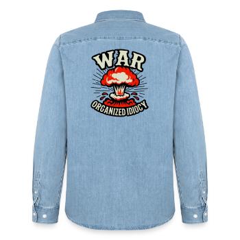 WAR – Organized Idiocy - Men’s Organic Denim Shirt by Stanley/Stella - light wash - Back - AI Model Male 185 light (185cm)