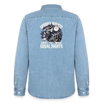Spooky Nights and Same Right Witch - Men’s Organic Denim Shirt by Stanley/Stella - light wash - Back - AI Model Male 185 light (185cm)