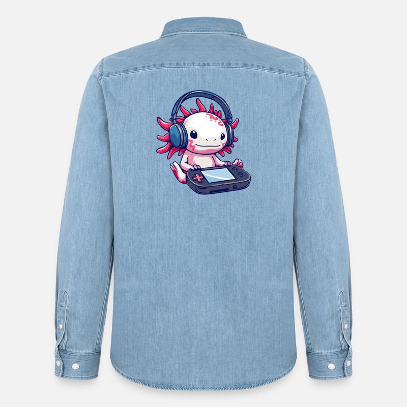 Axolotl mit Kopfhörern und Gaming-Controller - Männer Jeanshemd Organic von Stanley/Stella - verwaschenes Hellblau