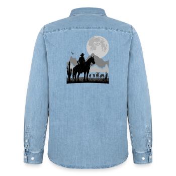 VECTEUR RANGER | SILHOUETTE D’ÉLEVEUR | 6K HDR - Chemise en denim homme bio Stanley/Stella - bleu clair délavé - Dos - AI Model Male 185 light (185cm)