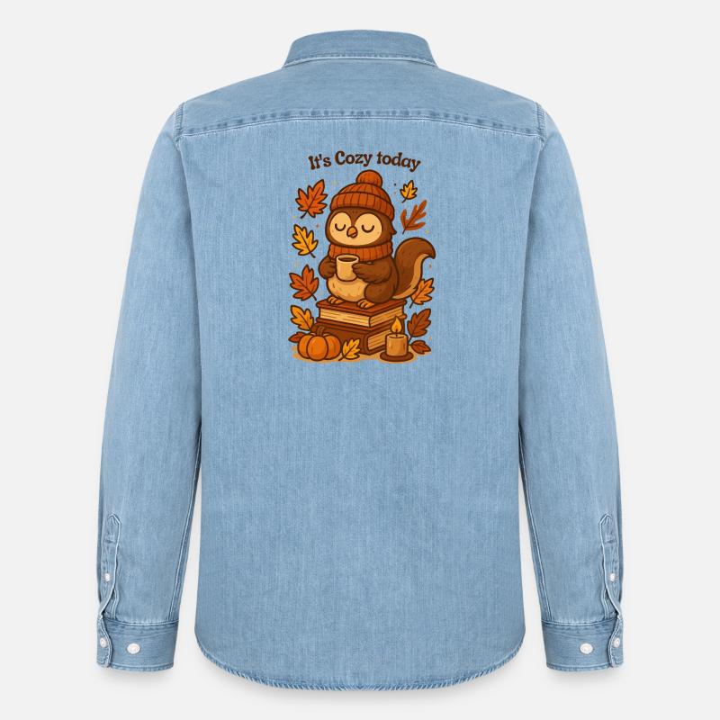 Gemütliche Herbst-Eule mit Tee Mütze  - Männer Jeanshemd Organic von Stanley/Stella - verwaschenes Hellblau