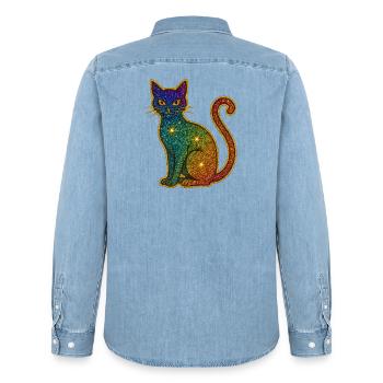 Regenbogen Glitzer Katze zu Halloween - Männer Jeanshemd Organic von Stanley/Stella - verwaschenes Hellblau - Hinten - AI Model Male 185 light (185cm)