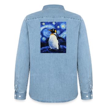 Penguin Bird Van Gogh Style Starry Night - Men’s Organic Denim Shirt by Stanley/Stella - light wash - Back - AI Model Male 185 light (185cm)