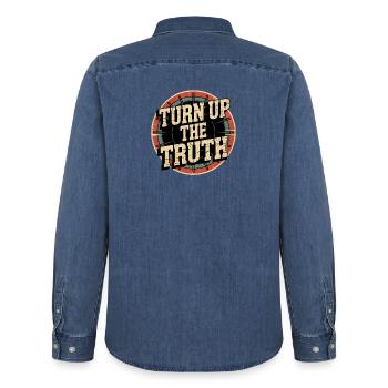 Retro Grunge – Montez la vérité - Chemise en denim homme bio Stanley/Stella - bleu moyen délavé  - Dos - AI Model Male 185 light (185cm)