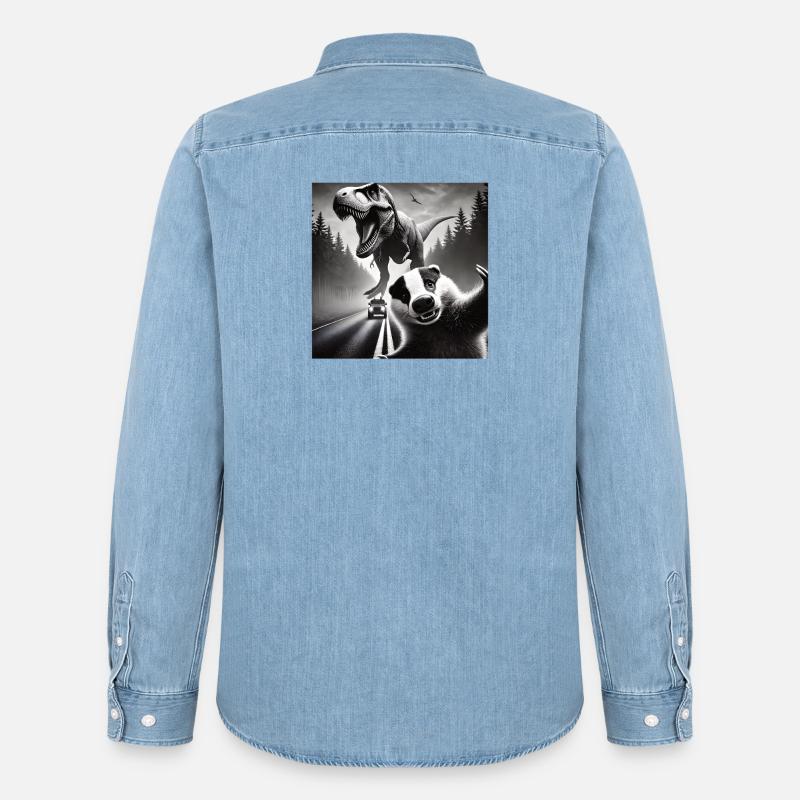 Dachs  trifft Dino auf düsterer Landstraße - Männer Jeanshemd Organic von Stanley/Stella - verwaschenes Hellblau