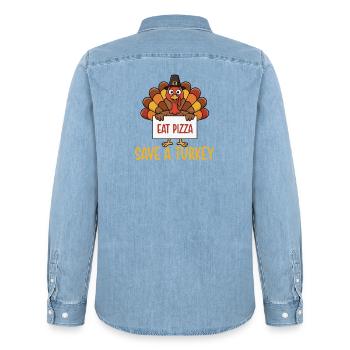 Save A Turkey Eat Pizza Funny Fall - Men’s Organic Denim Shirt by Stanley/Stella - light wash - Back - AI Model Male 185 light (185cm)