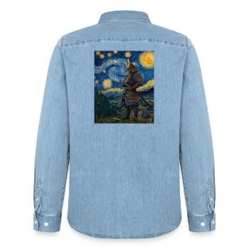 Samurai Japan Van Gogh Style Starry Night - Men’s Organic Denim Shirt by Stanley/Stella - light wash - Back - AI Model Male 185 light (185cm)