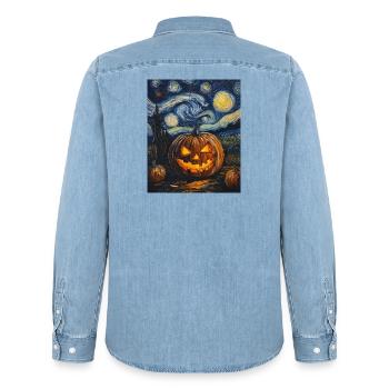 Kürbis Halloween Van Gogh Style Starry Night - Männer Jeanshemd Organic von Stanley/Stella - verwaschenes Hellblau - Hinten - AI Model Male 185 light (185cm)