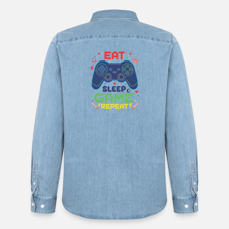 Eat Sleep Game Repeat Neon Controller - Männer Jeanshemd Organic von Stanley/Stella - verwaschenes Hellblau