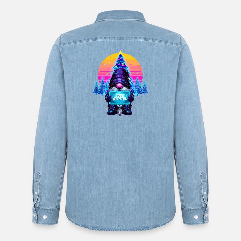 Cyberpunk Code Wichtel - Synthwave Xmas Nerd - Männer Jeanshemd Organic von Stanley/Stella - verwaschenes Hellblau
