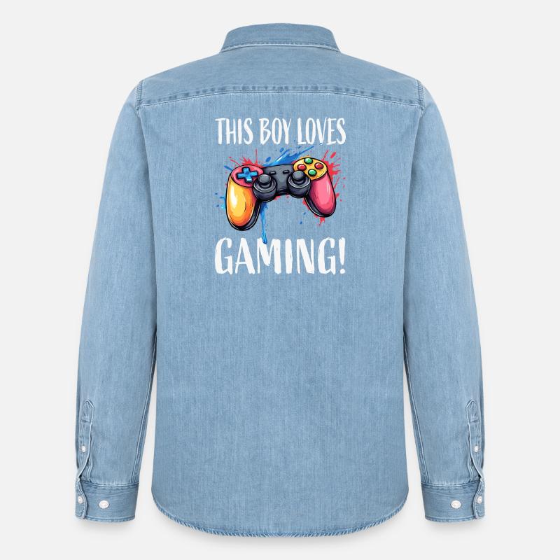 Junge liebt Gaming – bunter Controller - Männer Jeanshemd Organic von Stanley/Stella - verwaschenes Hellblau
