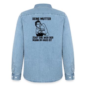 Mann im Haus deine Mutter - Männer Jeanshemd Organic von Stanley/Stella - verwaschenes Hellblau - Hinten - AI Model Male 185 light (185cm)