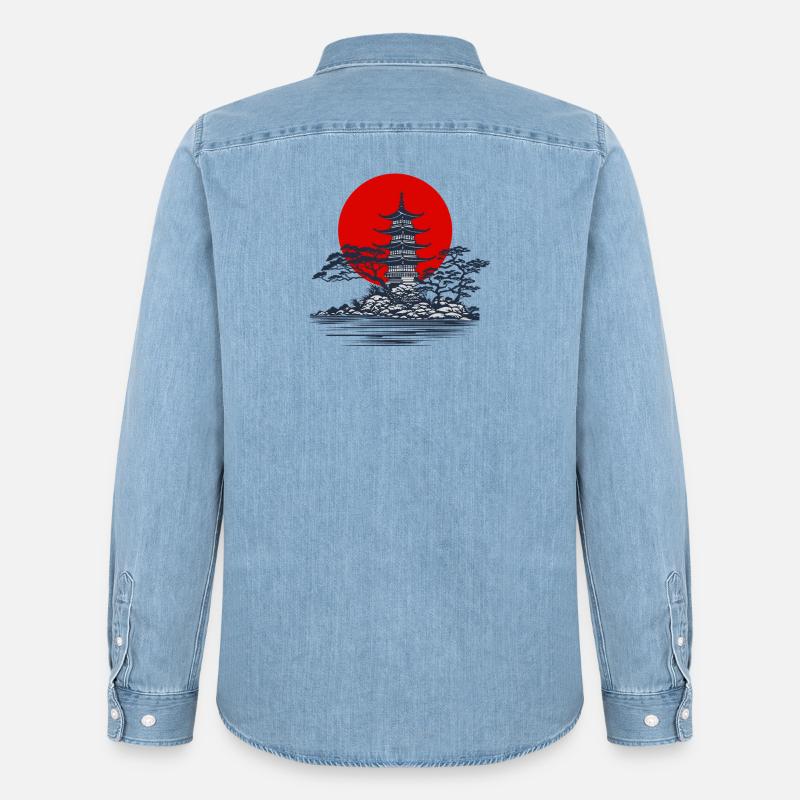 Pagode Silhouette mit roter Sonne Szene - Männer Jeanshemd Organic von Stanley/Stella - verwaschenes Hellblau