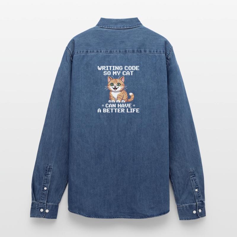 Programming Cat Funny Coding and Cat German Men’s Organic Denim Shirt by Stanley/Stella