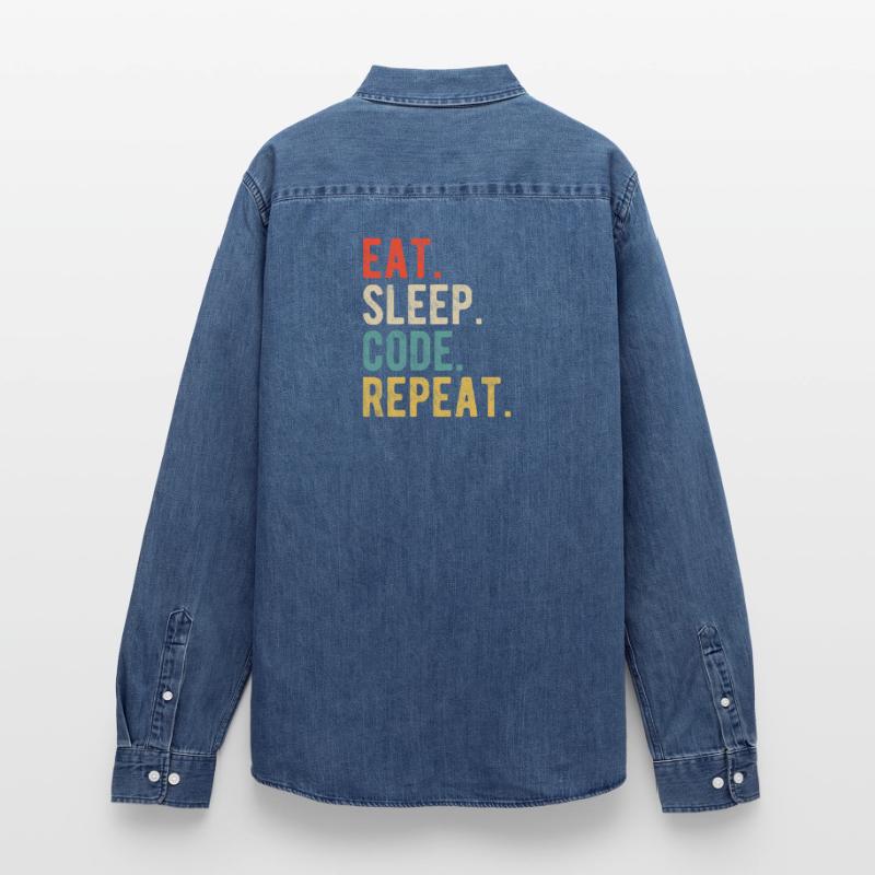 Eat Sleep Code Repeat Programmer Nerd Retro Men’s Organic Denim Shirt by Stanley/Stella
