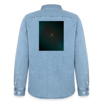 Teal wrestling spiral in the center - Men’s Organic Denim Shirt by Stanley/Stella - light wash - Back - AI Model Male 185 light (185cm)