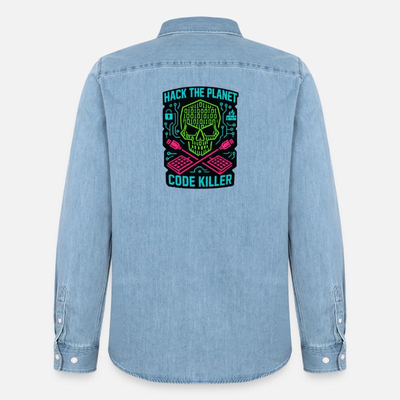 Hack the Planet Code Killer - Cybersécurité - Chemise en denim homme bio Stanley/Stella - bleu clair délavé