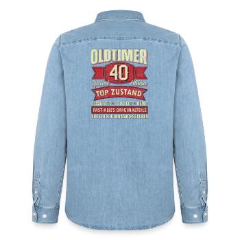 Oldtimer 40 Special Edition Top Zustand - Männer Jeanshemd Organic von Stanley/Stella - verwaschenes Hellblau - Hinten - AI Model Male 185 light (185cm)
