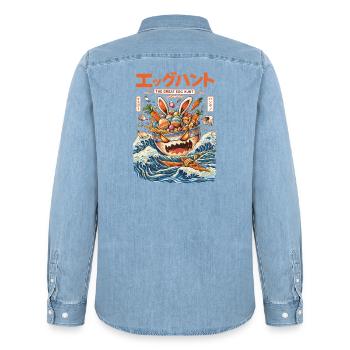 The Great Egg Hunt – Easter Japanese Retro Style - Men’s Organic Denim Shirt by Stanley/Stella - light wash - Back - AI Model Male 185 light (185cm)