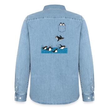 Penguin Jump Into The Water Pocket Design - Men’s Organic Denim Shirt by Stanley/Stella - light wash - Back - AI Model Male 185 light (185cm)