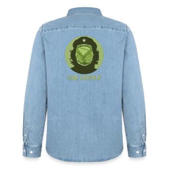 Funny Design What the Heck - Revolution Style - Men’s Organic Denim Shirt by Stanley/Stella - light wash - Back - AI Model Male 185 light (185cm)