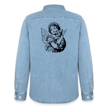 Angel with Cat – Cherub Vintage Illustration - Men’s Organic Denim Shirt by Stanley/Stella - light wash - Back - AI Model Male 185 light (185cm)