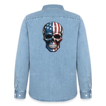 USA Totenkopf - Patriot Skull Design - Men’s Organic Denim Shirt by Stanley/Stella - light wash - Back - AI Model Male 185 light (185cm)