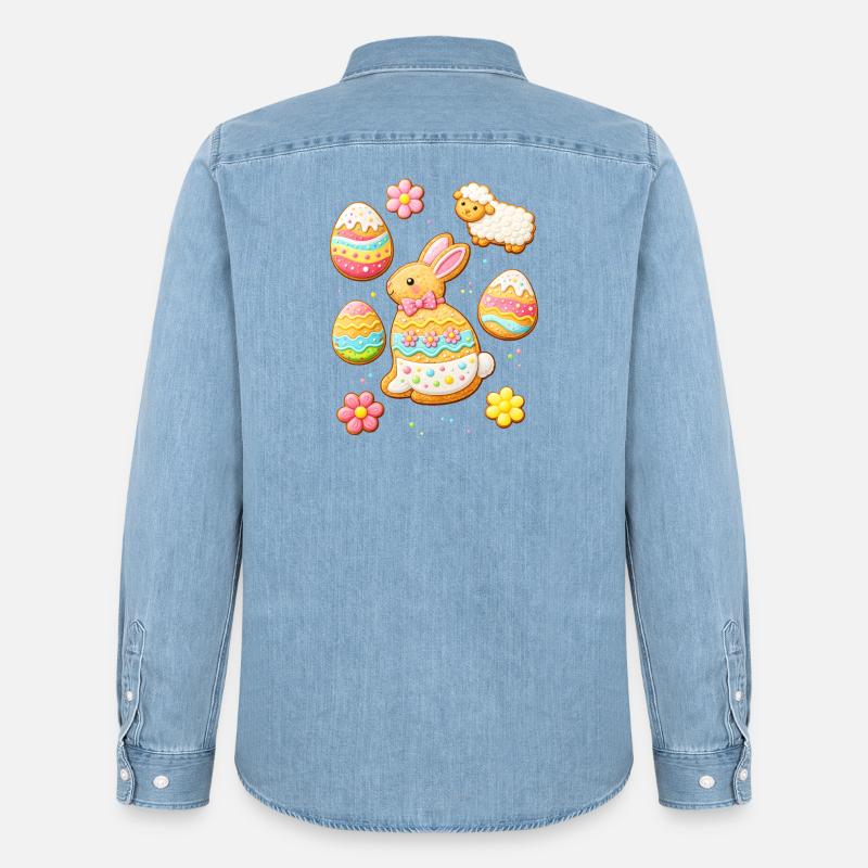 Set di biscotti pasquali con illustrazione di coniglio e agnello - Camicia in denim uomo bio di Stanley/Stella - azzurro chiaro slavato