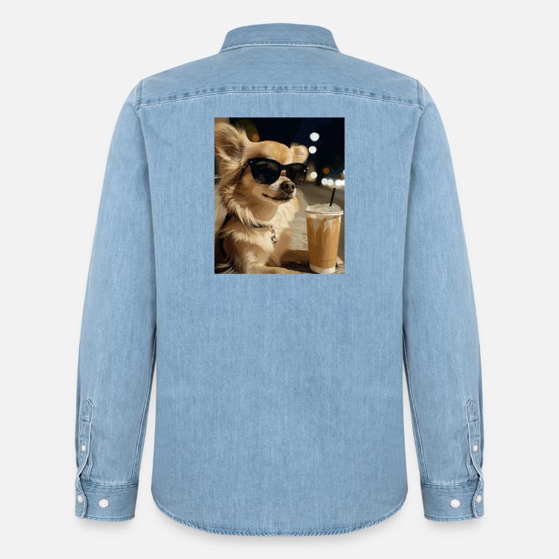 Sonnenbrillen-Hund mit Eiskaffee - Männer Jeanshemd Organic von Stanley/Stella - verwaschenes Hellblau
