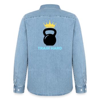 Kettlebell Crown Train Hard - Men’s Organic Denim Shirt by Stanley/Stella - light wash - Back - AI Model Male 185 light (185cm)