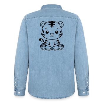 Cute Baby Tiger – Black & White Cub - Men’s Organic Denim Shirt by Stanley/Stella - light wash - Back - AI Model Male 185 light (185cm)
