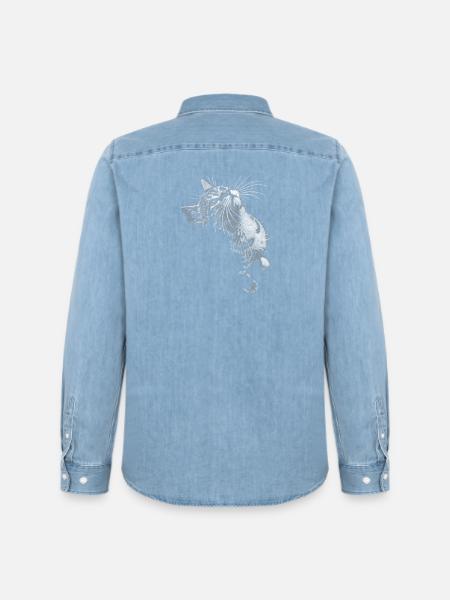 Graustufen Katzenschnurrer Blick - Männer Jeanshemd Organic von Stanley/Stella - verwaschenes Hellblau