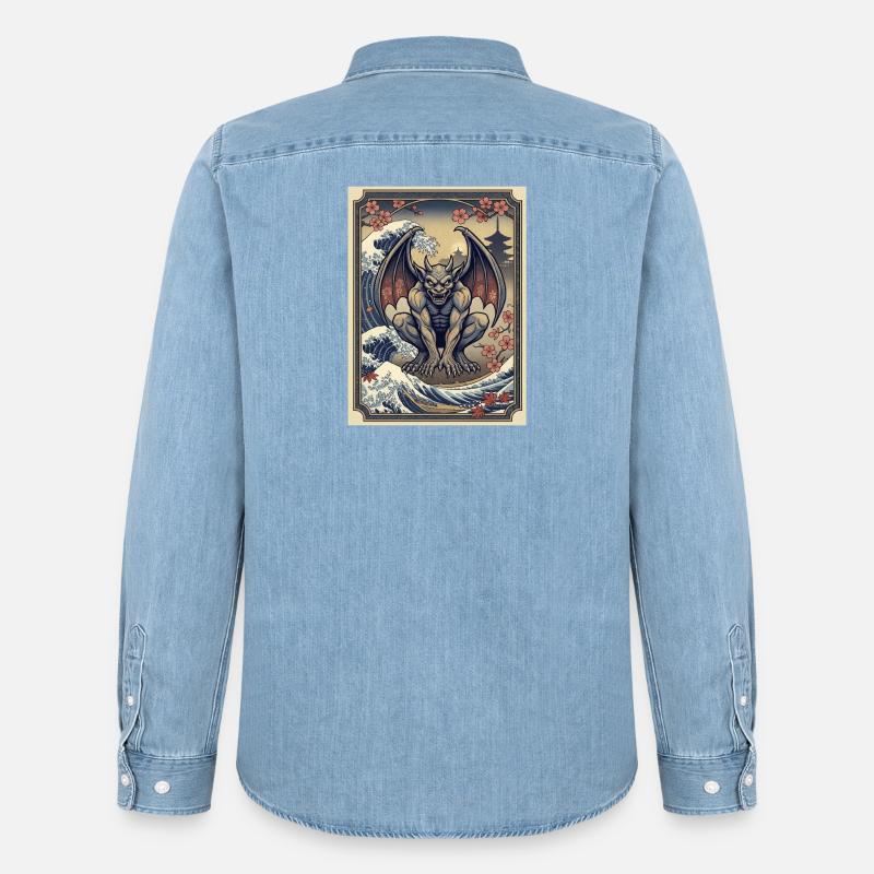Gargoyle in stile ondulato giapponese - Camicia in denim uomo bio di Stanley/Stella - azzurro chiaro slavato