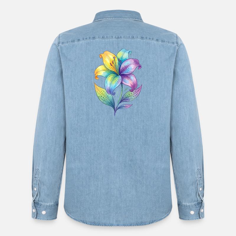 Dipinto ad acquerello con giglio arcobaleno - Camicia in denim uomo bio di Stanley/Stella - azzurro chiaro slavato