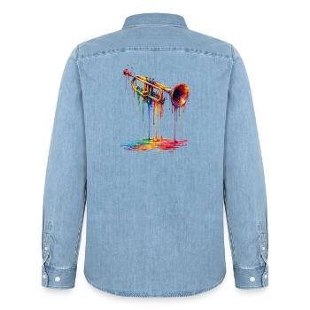 Trompette avec de la peinture qui goutte - Chemise en denim homme bio Stanley/Stella - bleu clair délavé - Dos - AI Model Male 185 light (185cm)