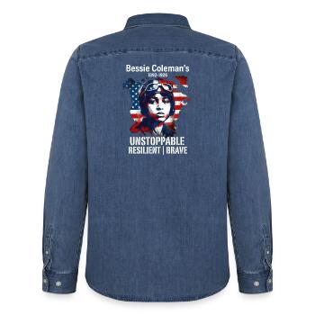 Bessie Coleman Courageous aviation pioneer - Men’s Organic Denim Shirt by Stanley/Stella - mid washy  - Back - AI Model Male 185 light (185cm)