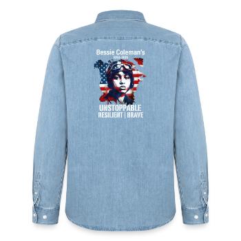 Bessie Coleman Courageous aviation pioneer - Men’s Organic Denim Shirt by Stanley/Stella - light wash - Back - AI Model Male 185 light (185cm)