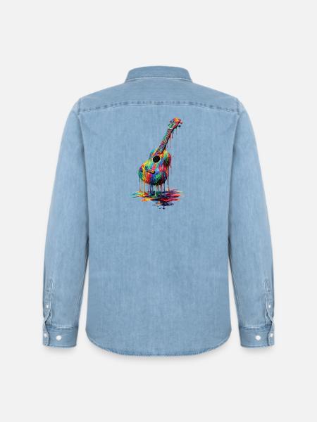 Ukulele med dryppende maling - Stanley/Stella herre denimskjorte økologisk - afbleget lyseblå