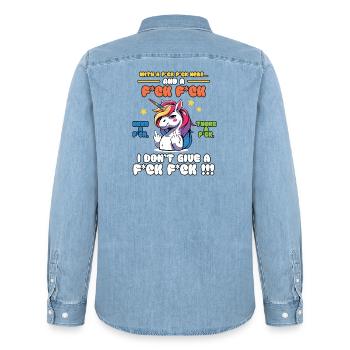 Colorful Unicorn with Cheeky Saying Old Mcdonald - Men’s Organic Denim Shirt by Stanley/Stella - light wash - Back - AI Model Male 185 light (185cm)