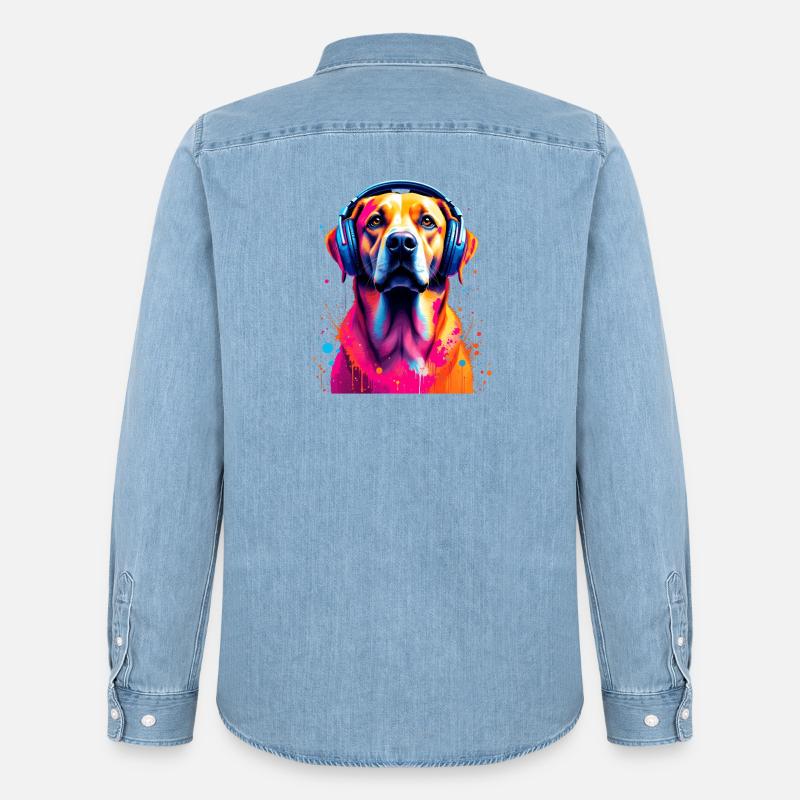 Labbi Labrador mit Kopfhörer - Männer Jeanshemd Organic von Stanley/Stella - verwaschenes Hellblau